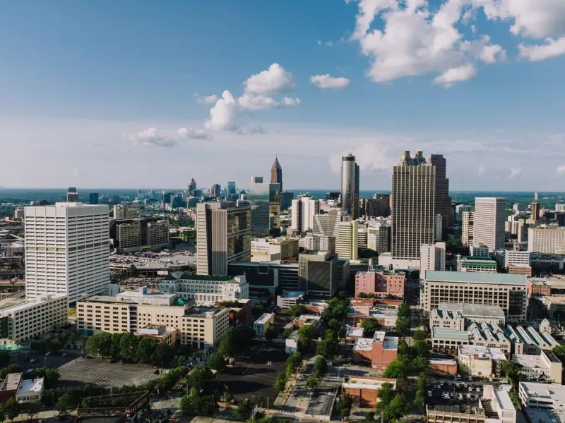 Downtown Atlanta from the air under a clear sky