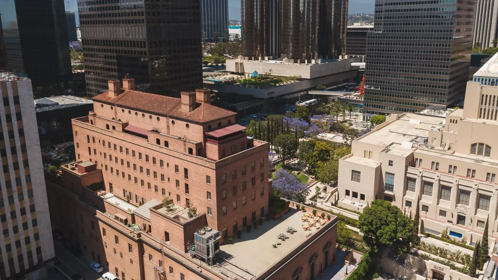 Downtown Los Angeles from the air on a clear day, towers above older civic buildings