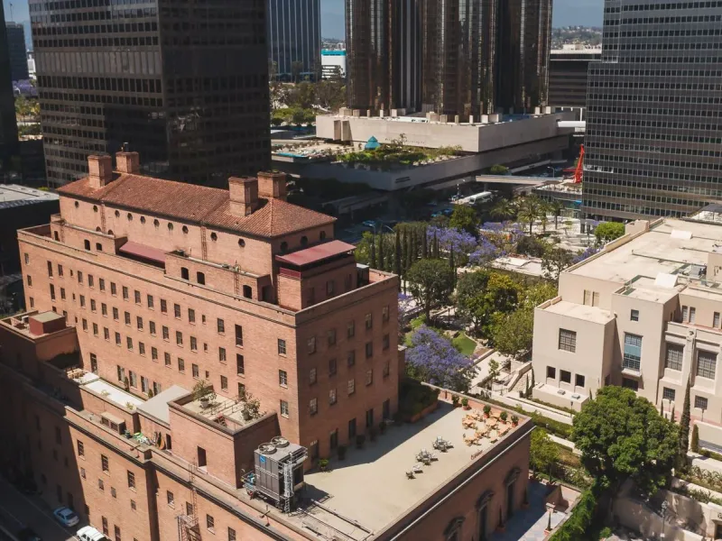 Downtown Los Angeles from the air on a clear day, towers above older civic buildings