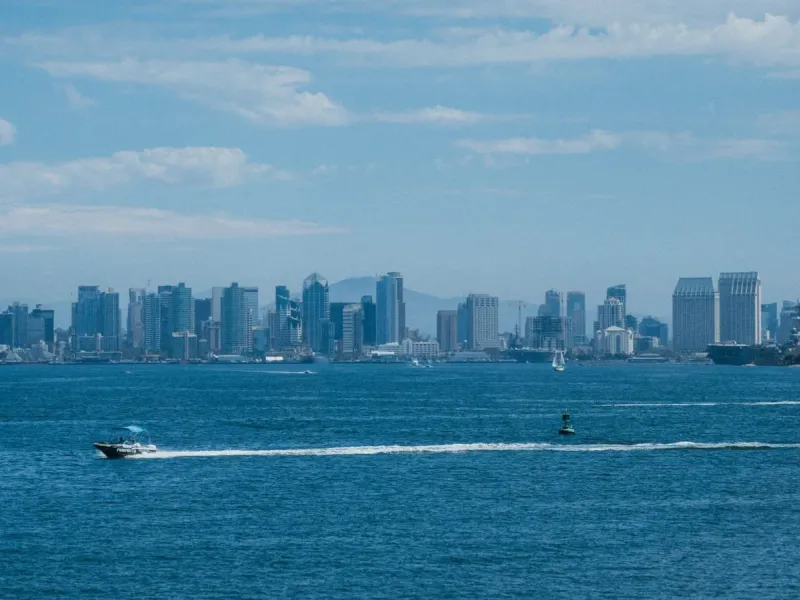 The San Diego waterfront and downtown skyline under a clear sky