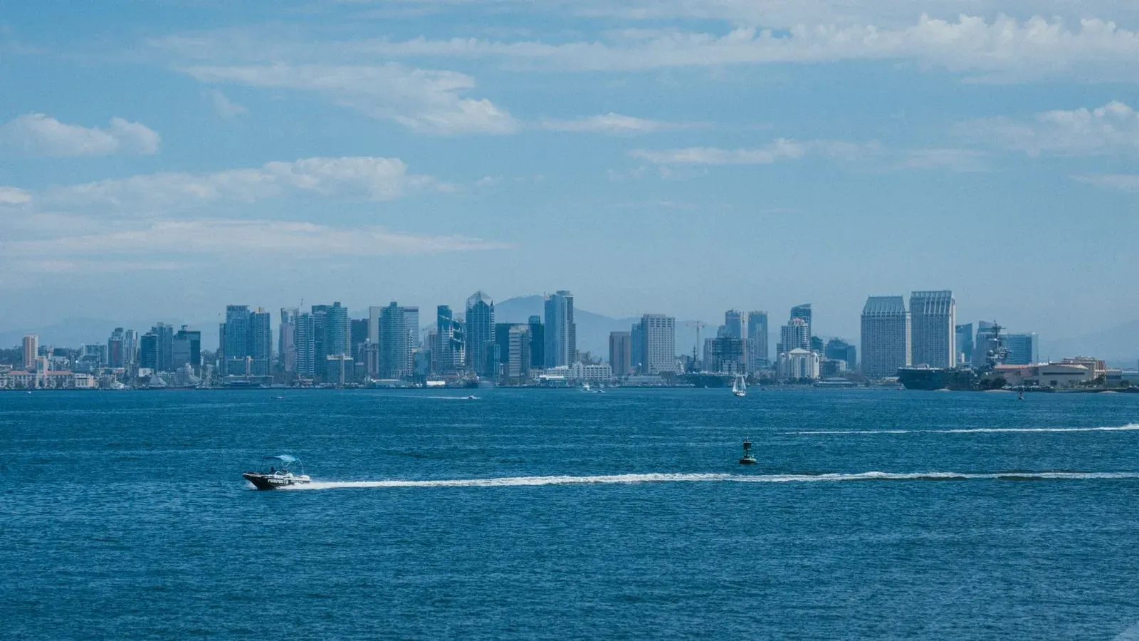 The San Diego waterfront and downtown skyline under a clear sky