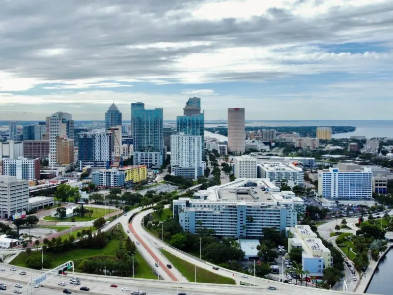 Downtown Tampa from the air, the Hillsborough River curving past the towers