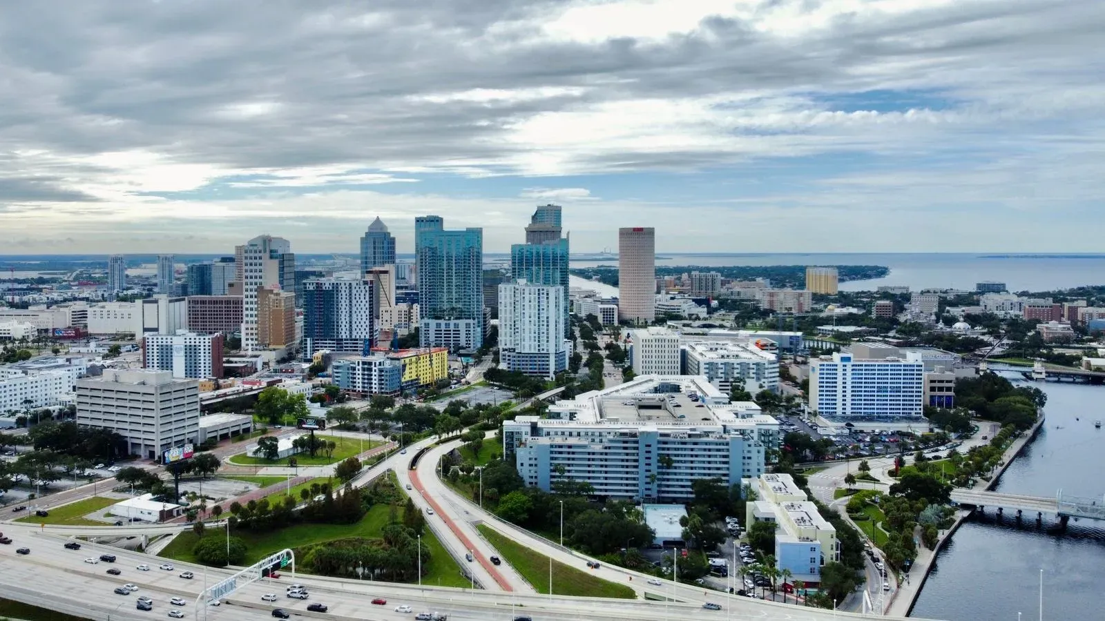 Downtown Tampa from the air, the Hillsborough River curving past the towers