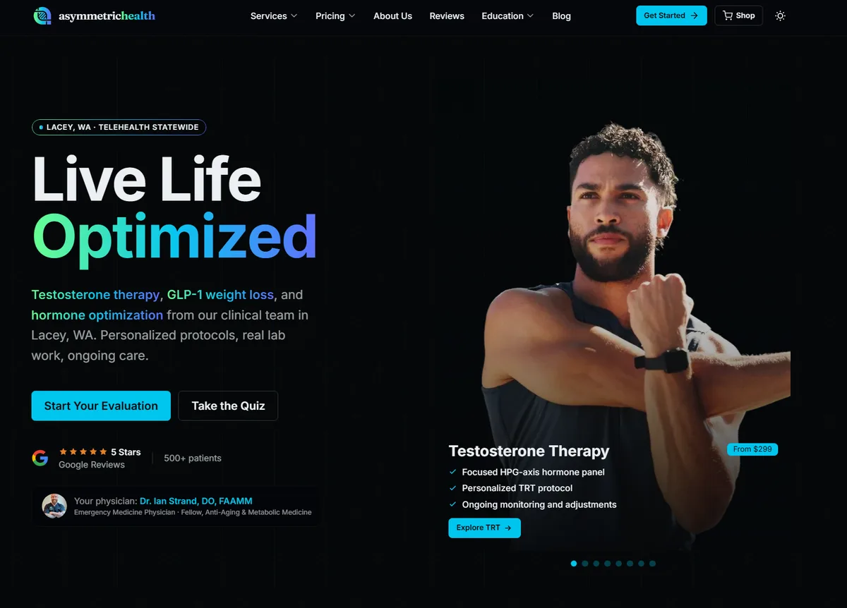 Homepage of Asymmetric Health, the Lacey, WA Direct Primary Care clinic whose website Savo Group rebuilt and whose SEO program it runs