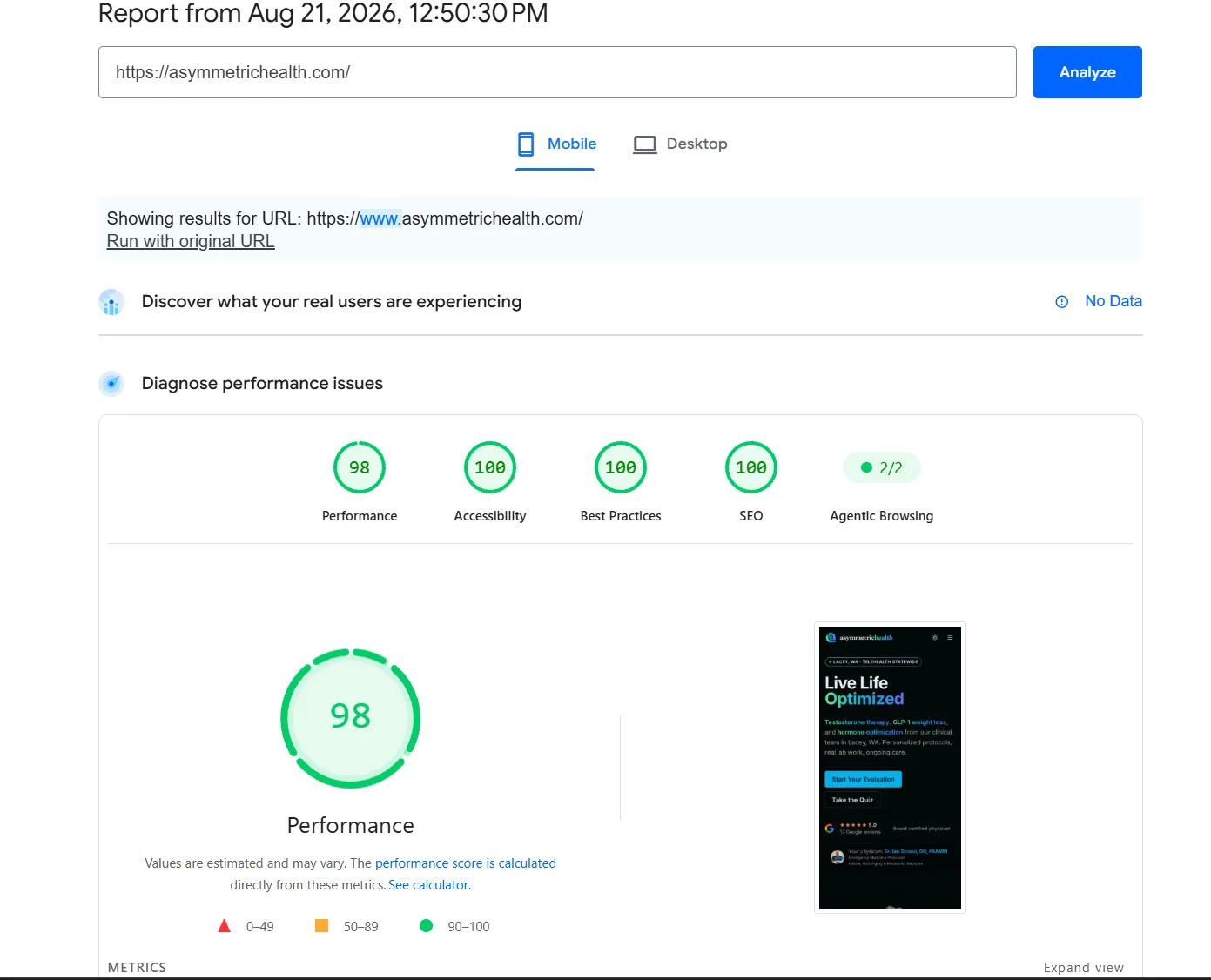 Google PageSpeed Insights mobile report for asymmetrichealth.com showing 98 for performance and 100 for accessibility, best practices, and SEO