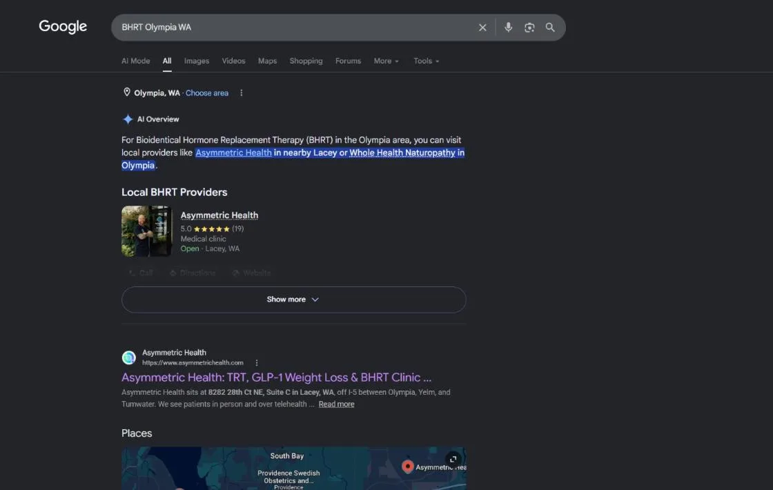 Google search results for BHRT Olympia WA showing Asymmetric Health named first in Google's AI Overview, first in its provider list, and top-ranked organically