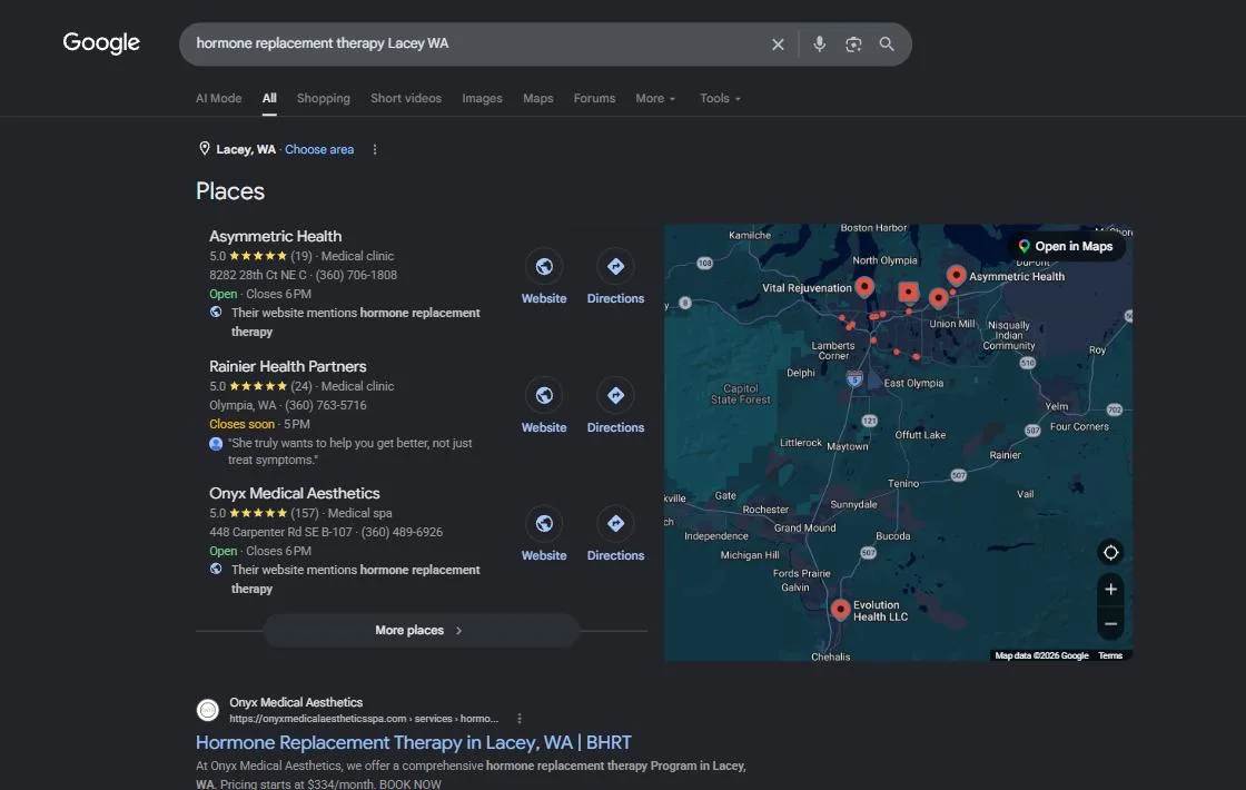 Google search results for hormone replacement therapy Lacey WA showing Asymmetric Health at the top of the map pack at 5.0 stars