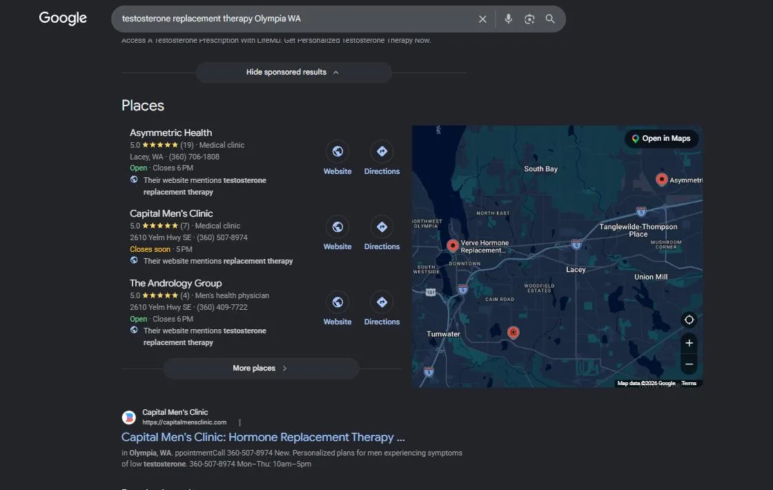 Google search results for testosterone replacement therapy Olympia WA showing Asymmetric Health at the top of the map pack ahead of two Olympia clinics