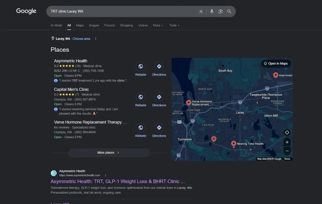 Google search results for TRT clinic Lacey WA showing Asymmetric Health at the top of the map pack at 5.0 stars and top-ranked organically