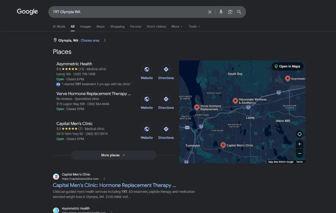 Google search results for TRT Olympia WA showing Asymmetric Health at the top of the map pack ahead of two clinics located in Olympia