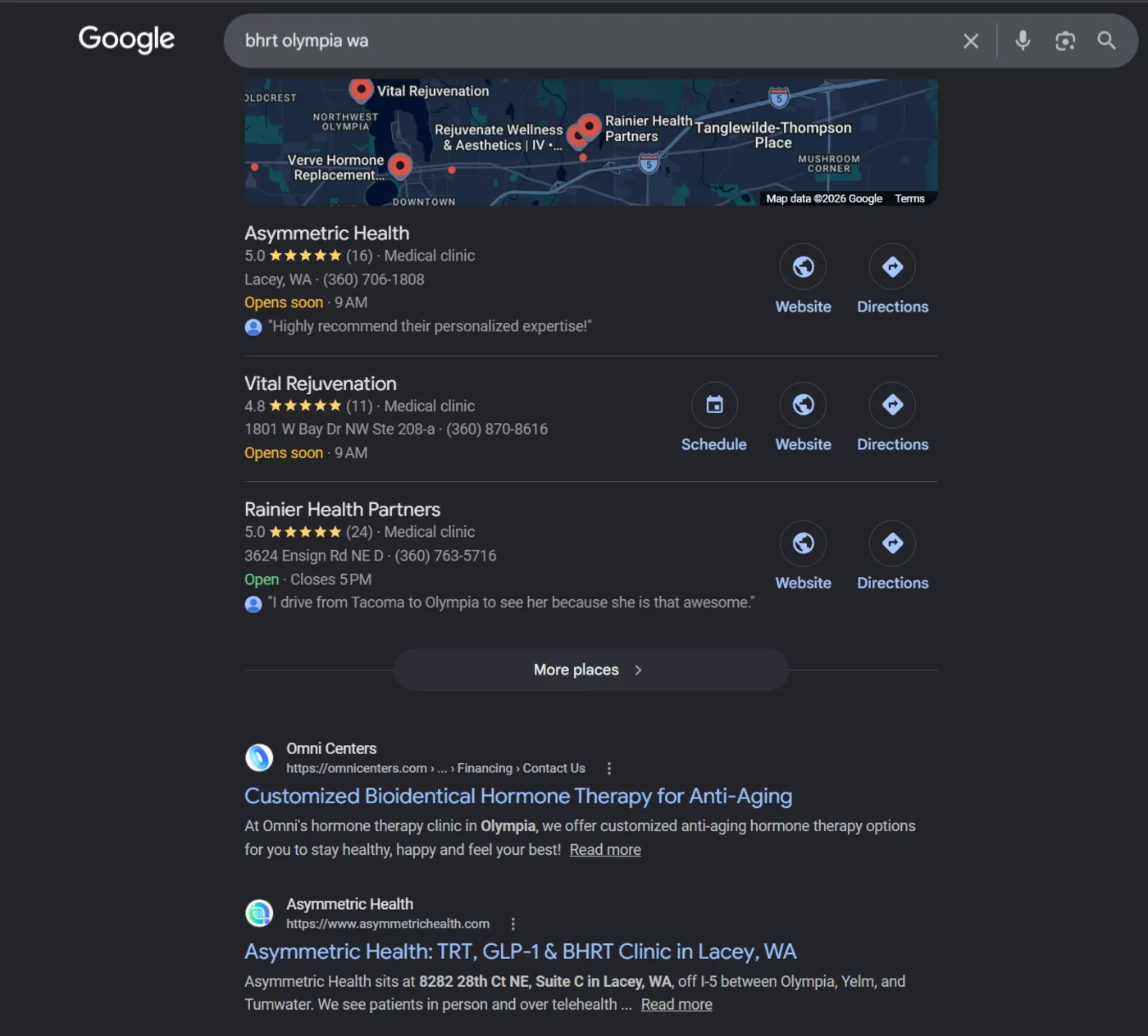 Google search results for BHRT Olympia WA showing Asymmetric Health at the top of the local pack with a 5.0-star rating and a page-one organic listing below