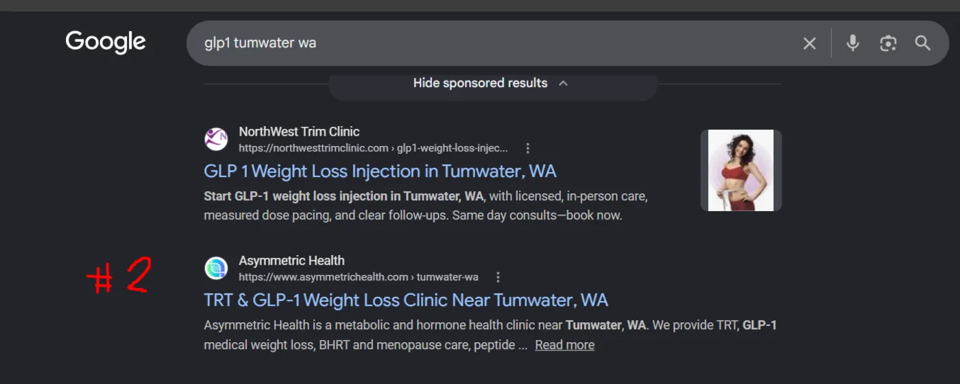 Google search results for GLP-1 Tumwater WA showing the Asymmetric Health Tumwater city page ranking on page one