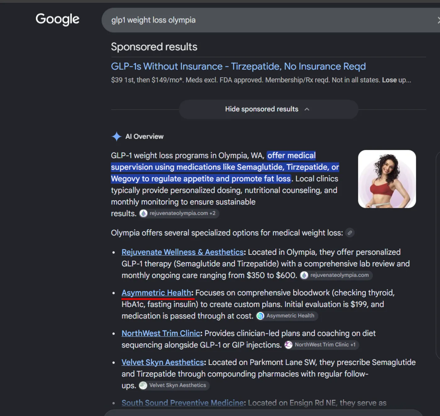 Google search results for GLP-1 weight loss Olympia showing Asymmetric Health named in Google's AI Overview with its evaluation pricing