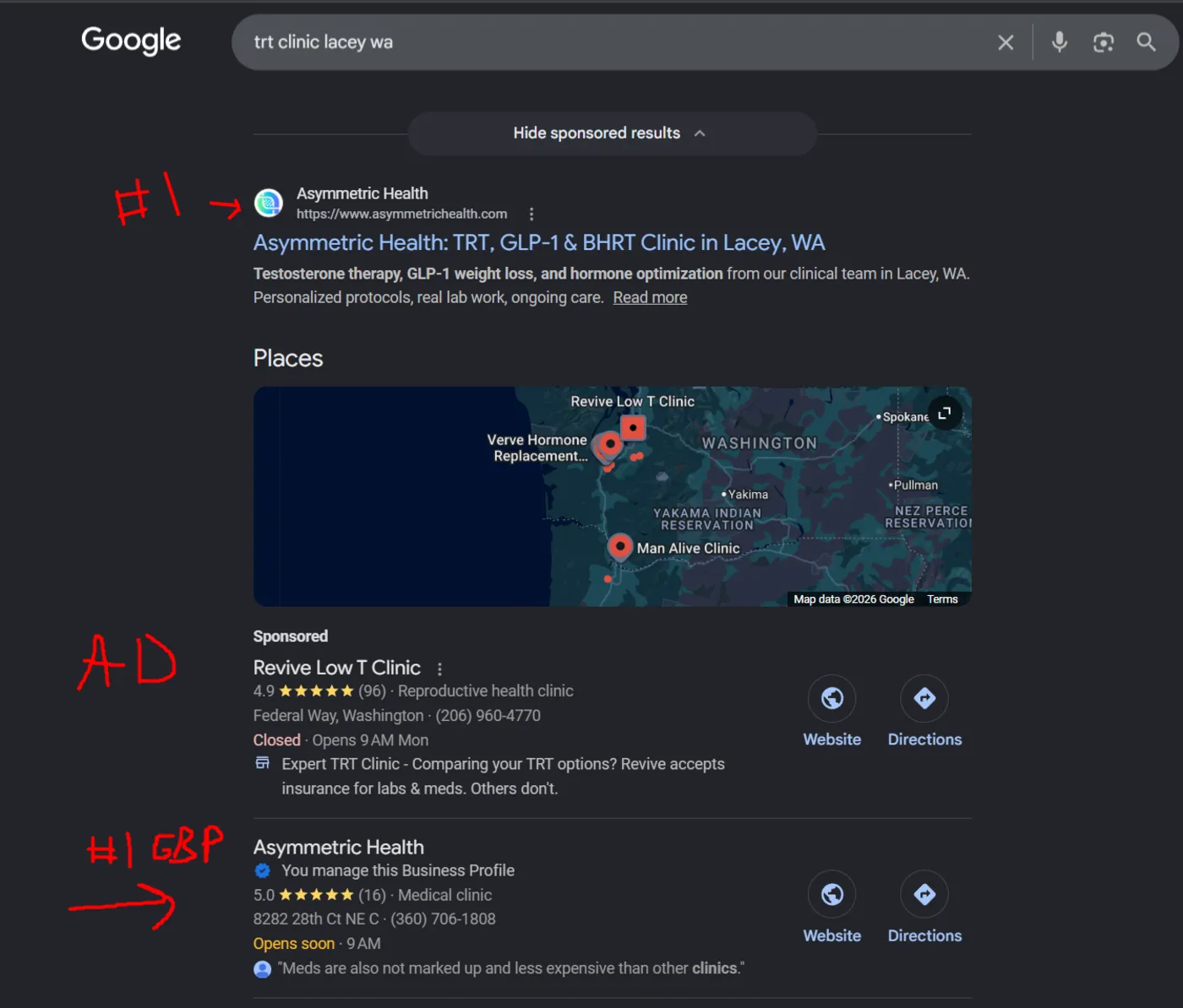 Google search results for TRT clinic Lacey WA showing Asymmetric Health top-ranked organically with its 5.0-star profile in the local results