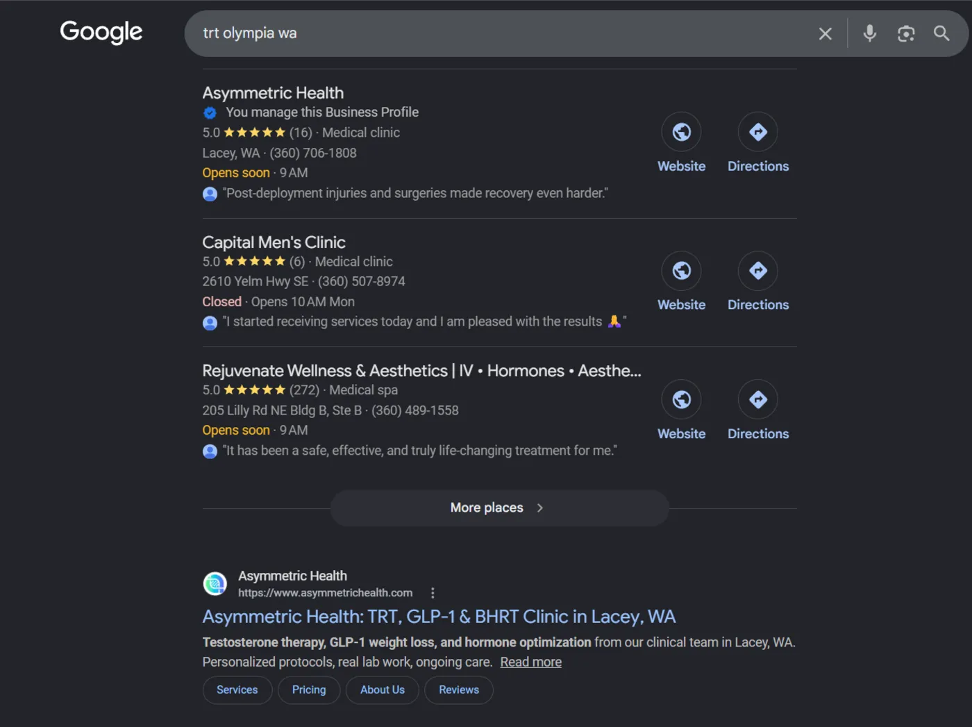 Google search results for TRT Olympia WA showing Asymmetric Health at the top of the local pack with its organic listing below